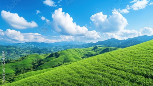 Serene Green Hills Under Bright Blue Sky with Fluffy White Clouds