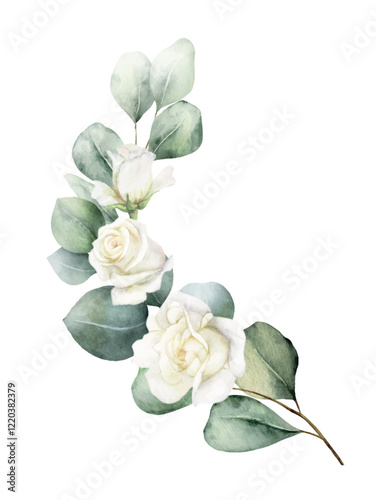 Watercolor vector wreath of ivory rose, sage green foliage, greenery and eucalyptus leaves. Floral background. Perfect for wedding, greetings, wallpapers, fashion, fabric. Hand painted illustration.