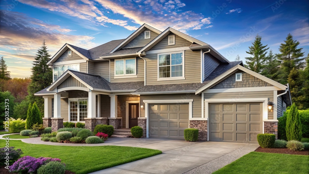 Modern Suburban House Exterior, Two-Story Home Facade, Residential Building, Family Home, Front Yard Modern Suburban House Exterior, Two-Story Home Facade, Residential Building, Family Home, Front Yard