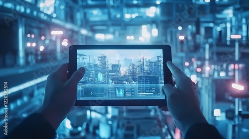 Smart Industry Control Concept: Hands Holding Tablet with Data