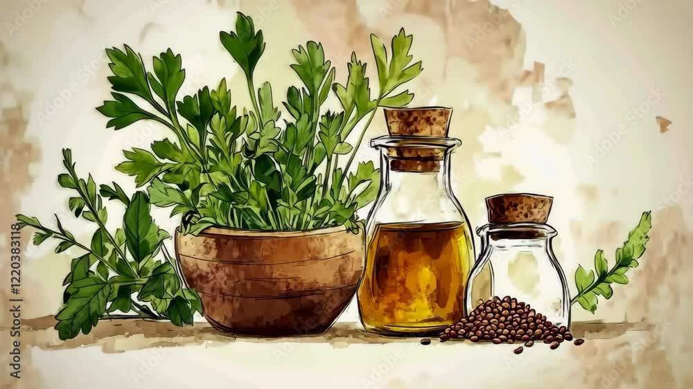 Fresh herbs and oils arranged in decorative jars emphasize natural cooking ingredients and vibrant flavors in a rustic setting