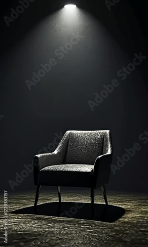 Single dark chair illuminated by a spotlight in a dark room.