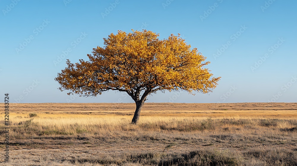 A single tree transitioning from green to golden leaves, showcasing the beauty of seasonal change A single tree transitioning from green to golden leaves, showcasing the beauty of seasonal change