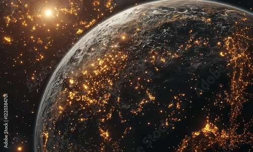 Night view of Earth from space showing city lights and stars.