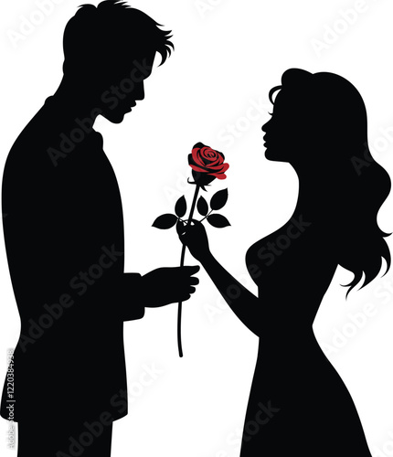 A vector illustration of a silhouette of a couple gifting a rose in a romantic style Happy Valentine's Day Greetings vector illustration art, silhouette of a couple