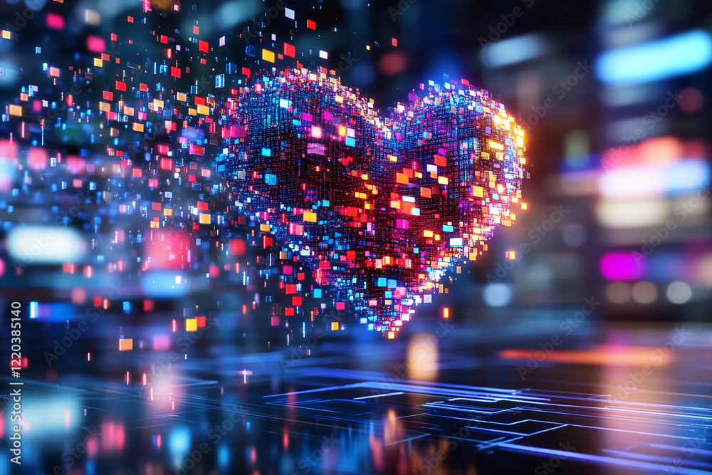 Fototapeta premium Vibrant Flying Pixels Forming a Heart Shape: A Colorful Burst of Flying Pixels Coming Together to Form a Glowing Heart, Symbolizing Connection, Love, and Digital Communication