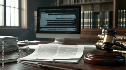 The judge's gavel is made of dark wood, the gavel is sturdy and ready to be used as if waiting for the right moment to be struck, and important documents are beside it
