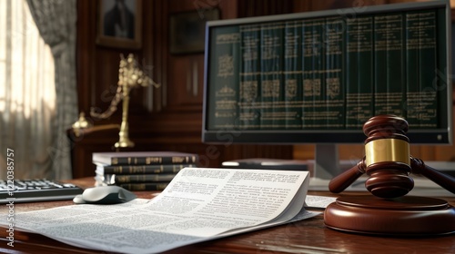 The judge's gavel is made of dark wood, the gavel is sturdy and ready to be used as if waiting for the right moment to be struck, and important documents are beside it
