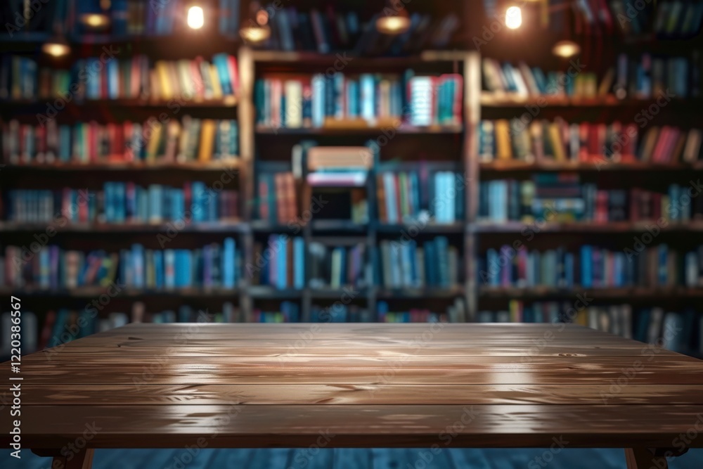 Cozy Library with Wooden Table and Bookshelves in Background Cozy Library with Wooden Table and Bookshelves in Background