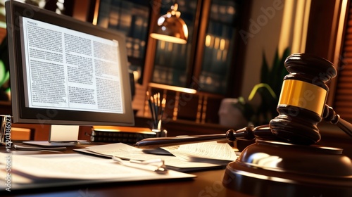 The judge's gavel is made of dark wood, the gavel is sturdy and ready to be used as if waiting for the right moment to be struck, and important documents are beside it