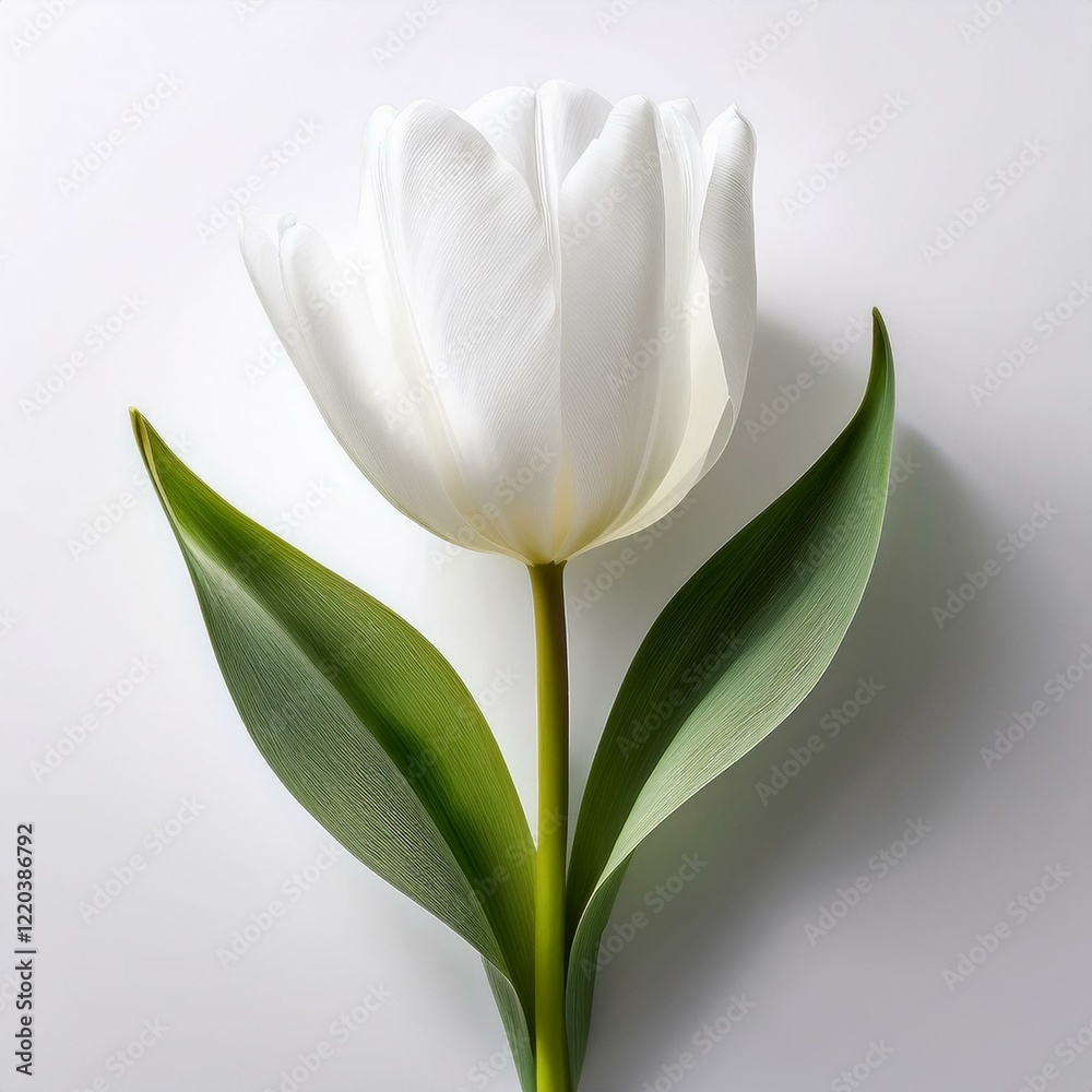 Fototapeta premium 白い背景に一輪の白いチューリップ | ミニマルなスタジオ写真