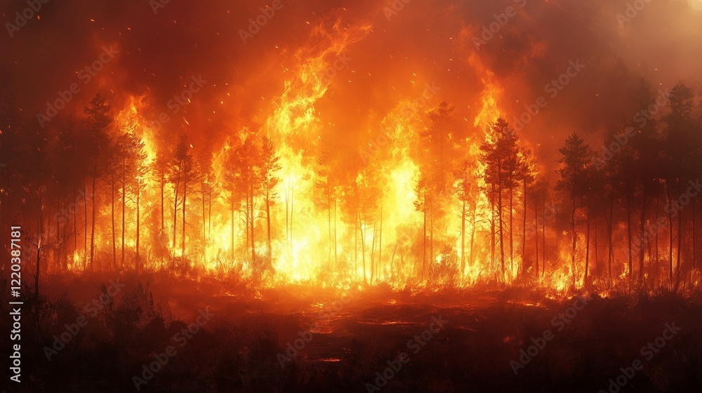 Raging wildfire burning across a dry forest, smoke filling the air Raging wildfire burning across a dry forest, smoke filling the air