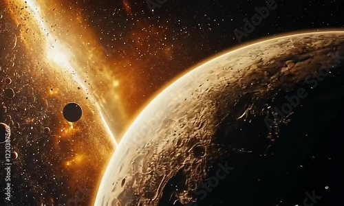 Cosmic spectacle A planet bathed in the golden light of a celestial event, surrounded by asteroids and smaller planets.
