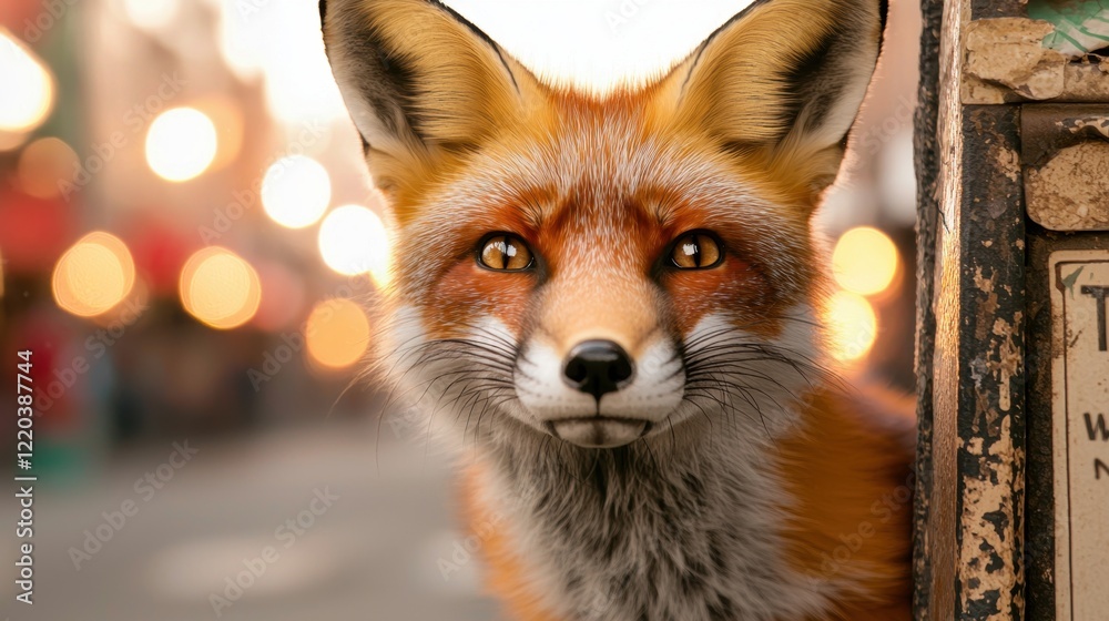 Obraz premium Urban Wildlife in Action Concept. Curious fox gazing in a vibrant urban setting