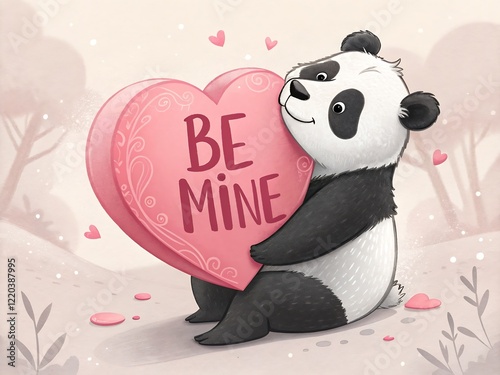 panda with heart A panda holding a giant pink heart with the text ‘Be Mine’ written on it photo