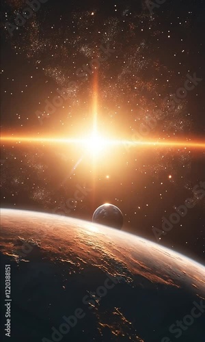 Planet sunrise with bright light and stars in space.