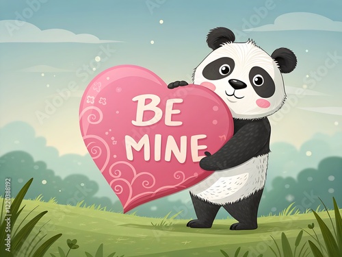 panda with heart A panda holding a giant pink heart with the text ‘Be Mine’ written on it photo