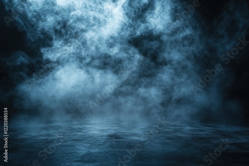 A misty, dark scene with swirling blue fog over a reflective surface, creating a mysterious and atmospheric effect.