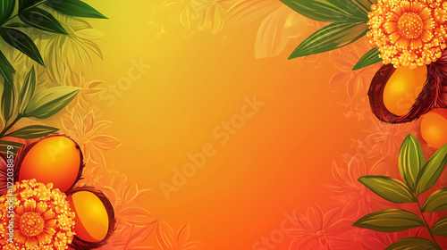 Ugadi Festival banner gradient copy space, traditional Indian motif with mango and marigold flower pattern, orange to gold gradient as background, Ai generated images photo