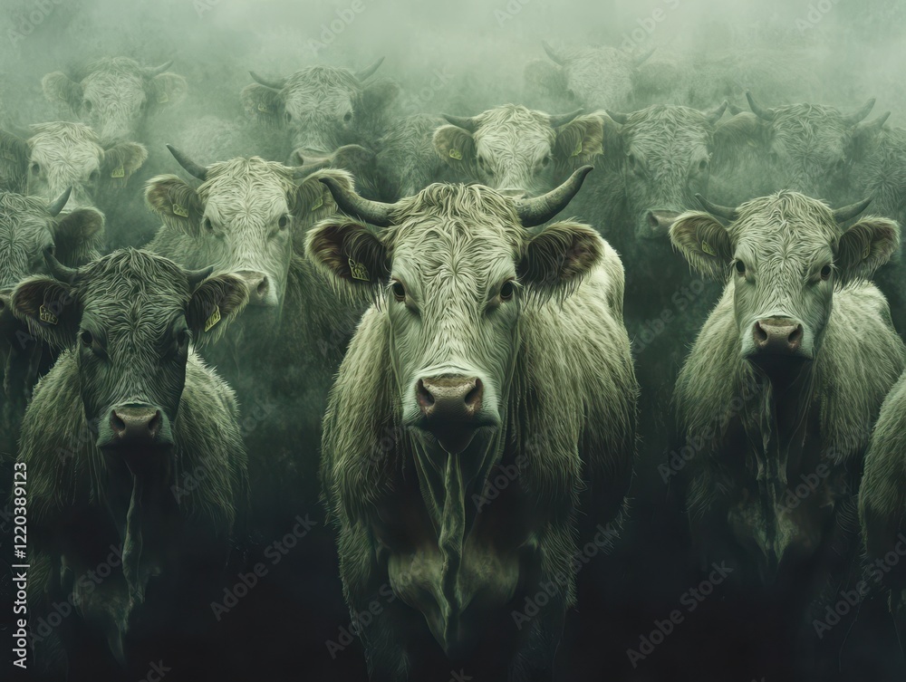 Fototapeta premium A herd of cows standing calmly in a misty landscape, showcasing their serene expressions and unique features against a foggy background in an atmospheric setting.