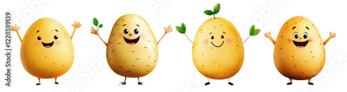 Happy cartoon potatoes with smiling faces and green sprouts, expressing joy and cheerfulness