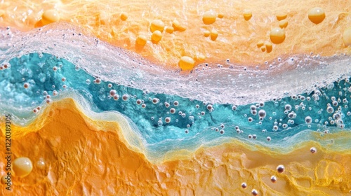 Close-up view shows micro-adhesion on the skin with water droplets, highlighting the action of skin care vitamin molecules in repairing the deep layers beneath the surface