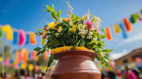 Ugadi Festival, outdoor celebration scene with people gathered, big pot full of neem leaves and flowers in the center, clear blue sky with colorful cloth decorations hanging, Ai generated images photo