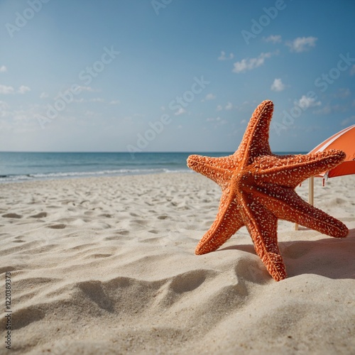 A plush toy shaped like a starfish, resting on white sand under a beach umbrella.