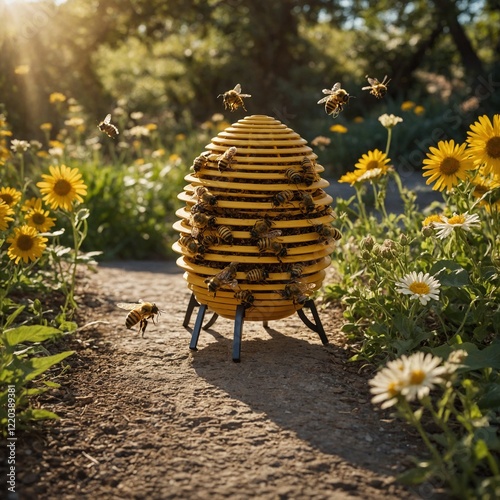 A treat-dispensing toy shaped like a beehive, set on a garden path buzzing with bees.