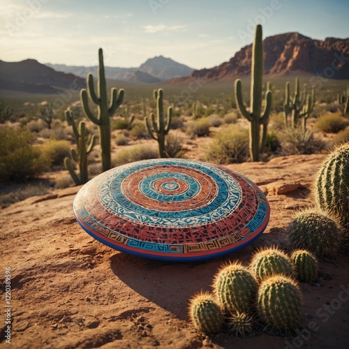 A frisbee toy with tribal patterns, soaring above a desert landscape with cacti.