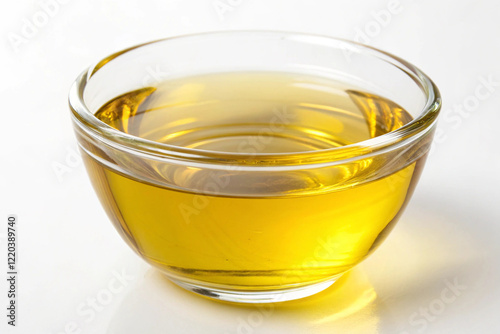 Vegetable oil for cooking in a glass bowl on a white background
