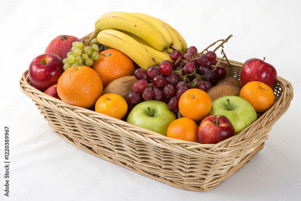Mixed fruits: apples, grapes, oranges, bananas in the basket on white background Mixed fruits: apples, grapes, oranges, bananas in the basket on white background