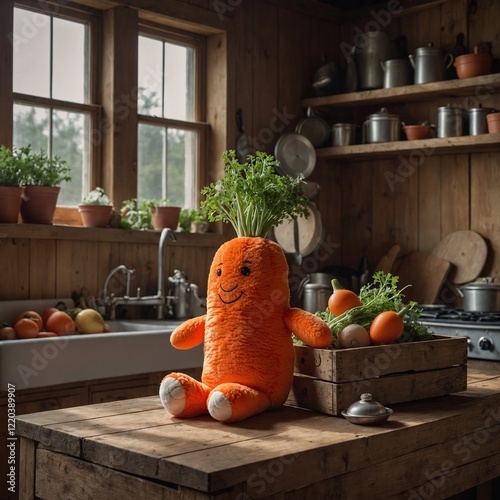 A plush toy shaped like a carrot, placed on a wooden crate in a rustic farmhouse kitchen.