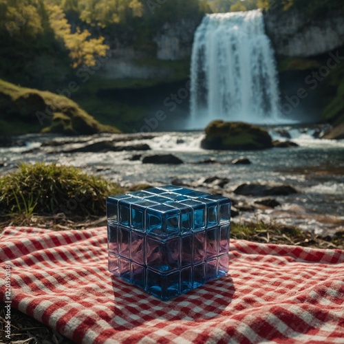 A treat-dispensing cube, set on a picnic blanket near a scenic waterfall.