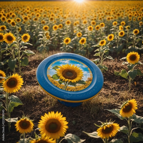 A frisbee designed like a sunflower, spinning in a sunflower field under a bright sky.