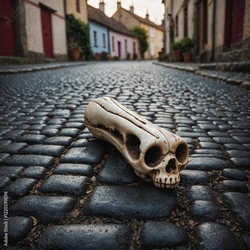 A tough rubber toy shaped like a bone, lying on a cobblestone street in a quaint village.