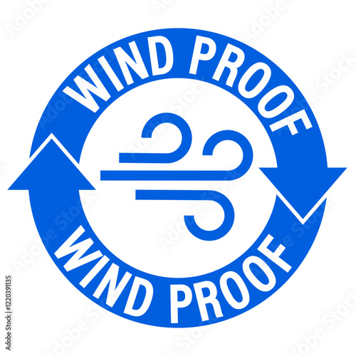 Wind proof label sign, with the symbol inside a circle made of blue curved arrows. Text. 