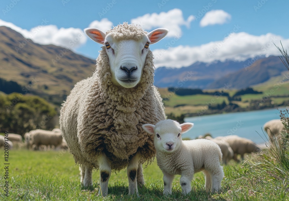 Fototapeta premium A Mother Sheep and Her Cute Lamb Grazing Together in a Scenic Landscape with Mountains and Blue Sky in the Background, a Serene Country Setting