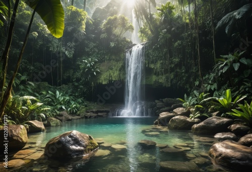 Wallpaper Mural Serene Waterfall Cascading into a Lush Tropical Pool, Sunbeams Filtering Through the Canopy Torontodigital.ca