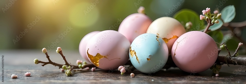 Obraz premium Easter eggs with golden crackles ip pastel colors, spring tree branches lying around. Holiday card