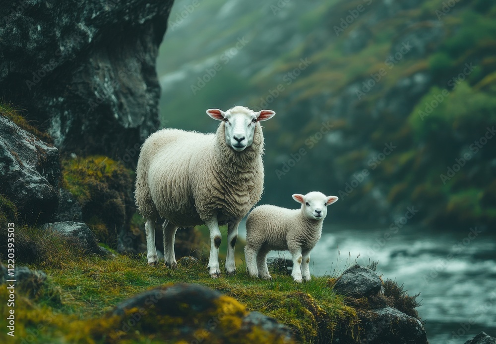 Obraz premium A Serene Moment of a Mother Sheep and Her Lamb Standing in a Lush Green Landscape Near a Calm River in a Misty Mountain Environment
