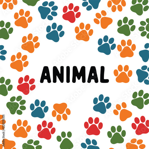 Colorful animal footprint ornament border isolated on white background. Frame of cute paw trace. World wildlife day
