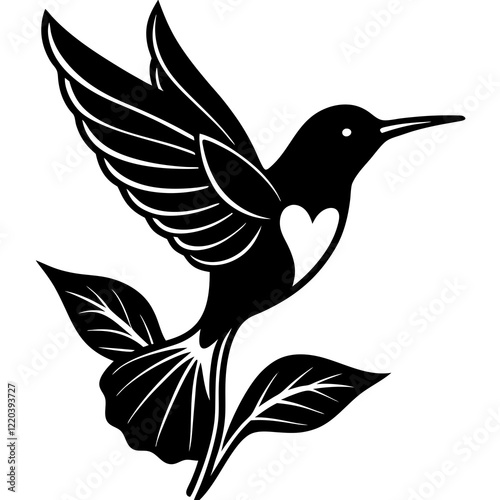 A hummingbird hovering over a flower with a heart silhouette vector illustration