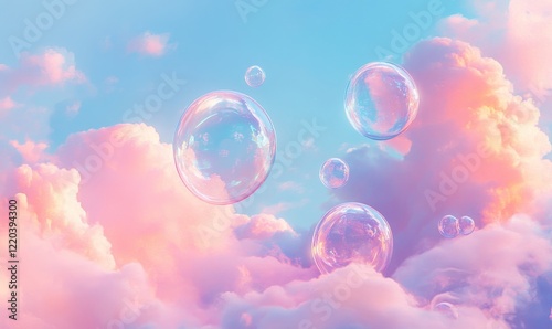 Iridescent Soap Bubbles Floating in Pastel Pink and Blue Sunset Sky, Abstract Texture Background, Magical Tranquil Scene, Dreamy Nature Atmosphere, Surreal and Whimsical Evening Light, Generative AI