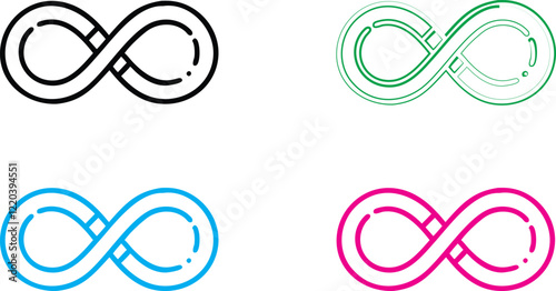 Infinity symbol, minimalist design, geometric shapes, clean lines, multiple colors, black pink blue green variations, simple graphic, mathematical concept, endless loop, symmetrical icon, vector illus