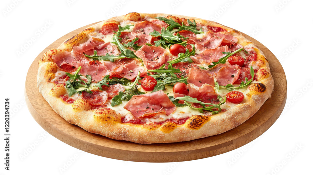 Culinary Delight Pizza Topped with Arugula and Prosciutto Against a Clear Background Culinary Delight Pizza Topped with Arugula and Prosciutto Against a Clear Background
