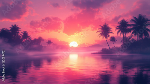 Serene Pink Sunset over Tropical Ocean with Palm Trees