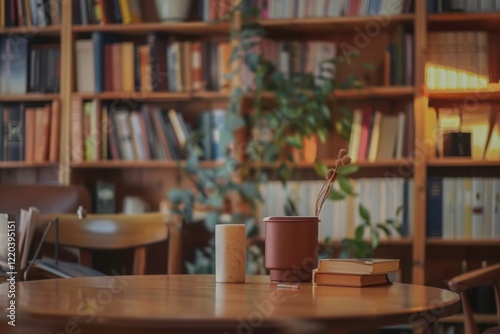 Cozy Reading Nook with Books, Green Plant, and Warm Ambient Lighting