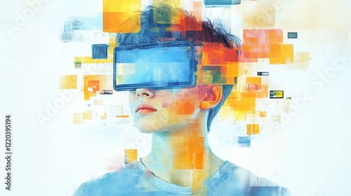 A teenager's head transformed into a screen reflects the overwhelming influence of technology and addiction, tech overload concept