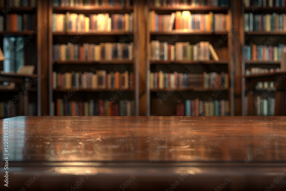 Cozy Library Interior with Wooden Table and Bookshelves in Background Cozy Library Interior with Wooden Table and Bookshelves in Background